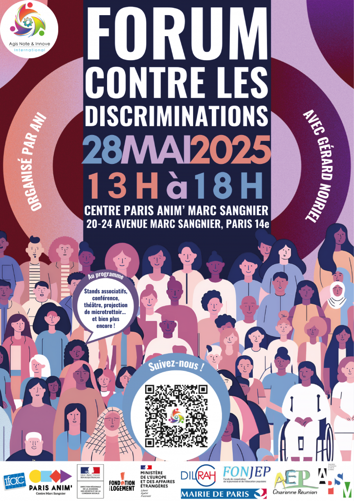 Affiche promouvant l'évènement. Elle contient la date, l'adresse, le programme, et une illustration de dizaines de personnages variés se tenant côte-à-côtes.